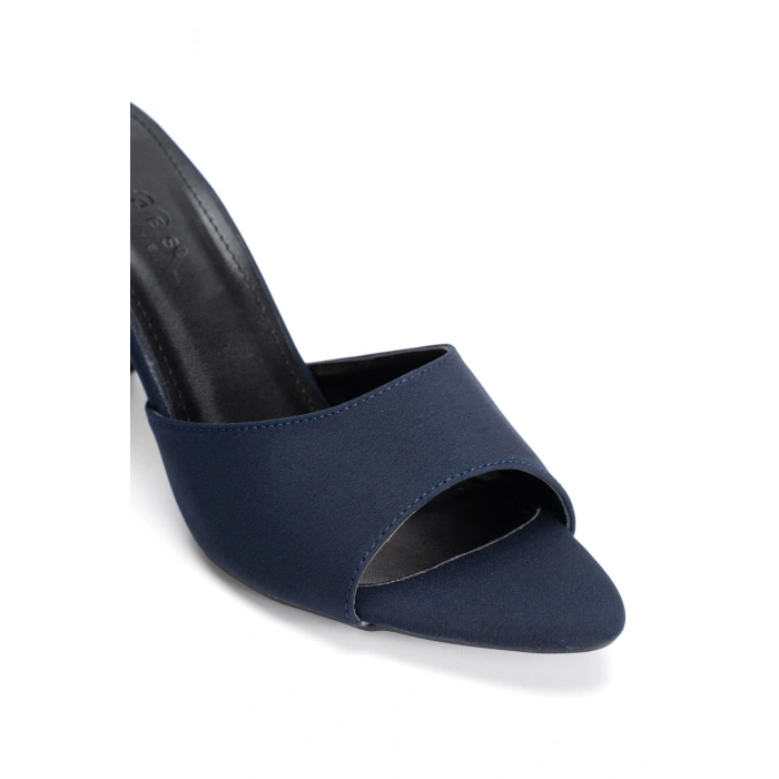 Lacivert Saten Tek Bantlı Özel Üretim Kalın Topuklu Terlik