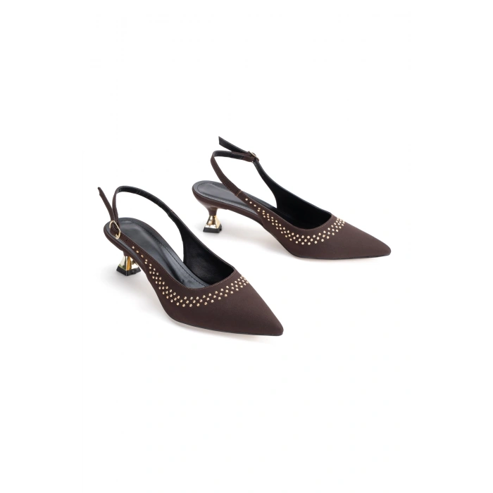 Kadın Kahverengi Tarz Topuklu Gold Zımbalı Abiye Ayakkabı