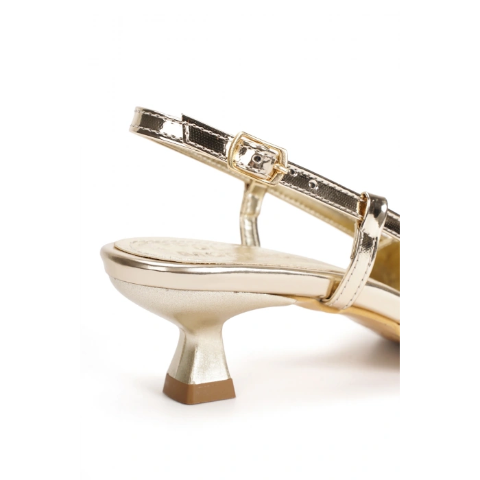 Altın Metalik Sivri Burun Alçak Topuklu Kadın Abiye Ayakkabı ve Çanta Takımı