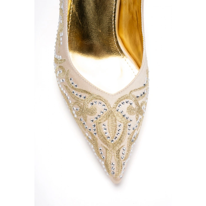 Kadın Özel Üretim Desenli Sivri Burunlu Abiye Ayakkabı Altın