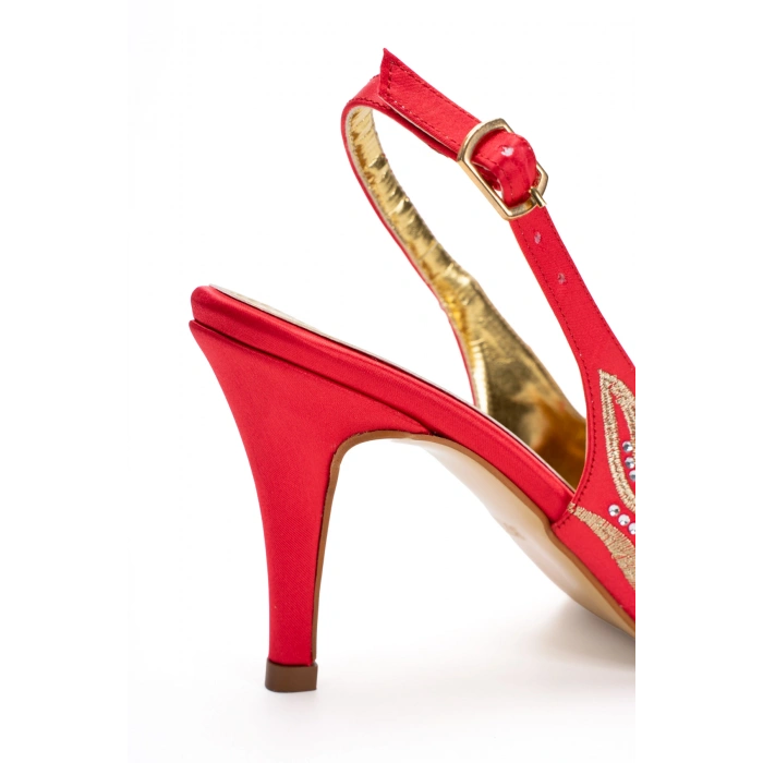 Kadın Özel Üretim Desenli Sivri Burunlu Abiye Ayakkabı Kırmızı