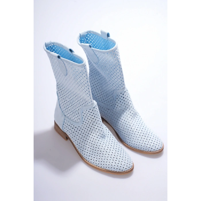 Kadın Lazer Kesim Kovboy Tarz Yazlık Bot Buz Mavisi