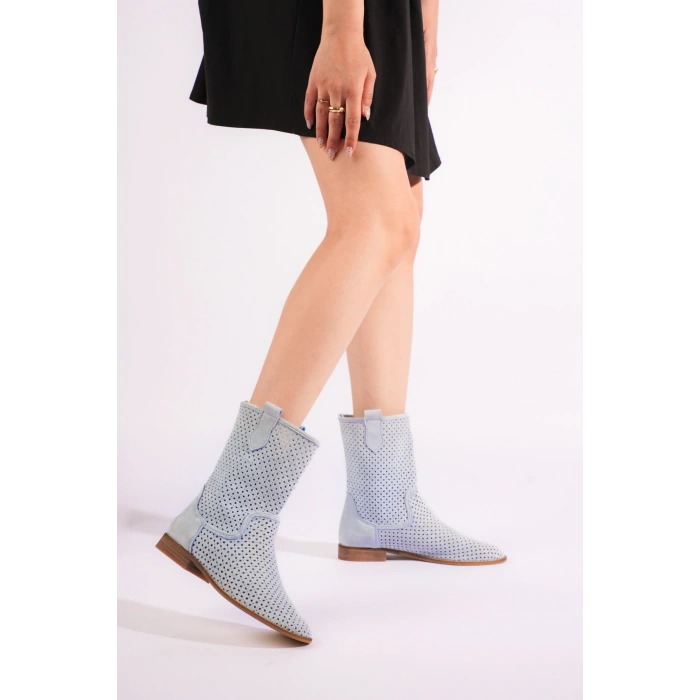 Kadın Lazer Kesim Kovboy Tarz Yazlık Bot Buz Mavisi