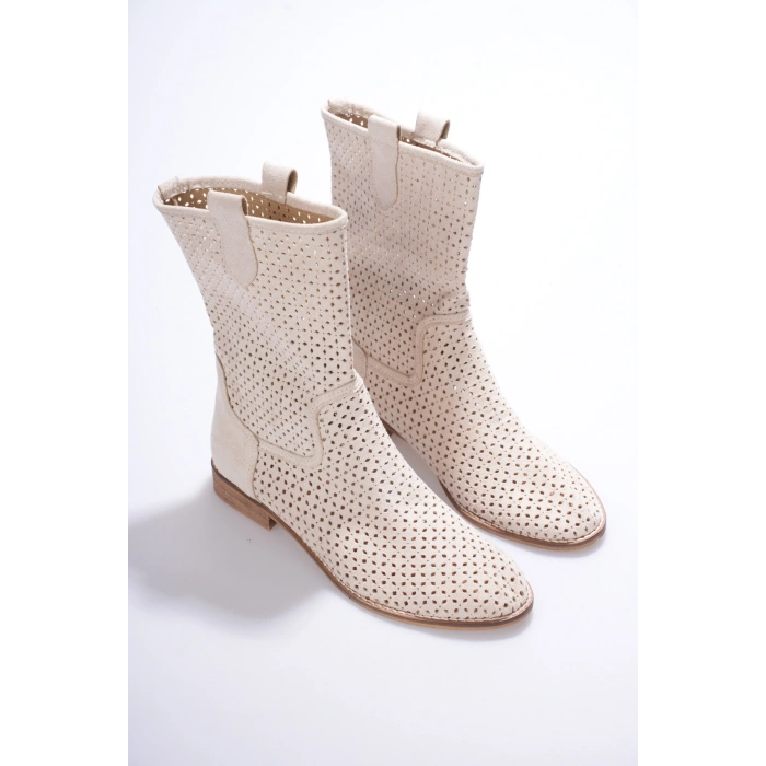 Kadın Lazer Kesim Kovboy Tarz Yazlık Bot Bej