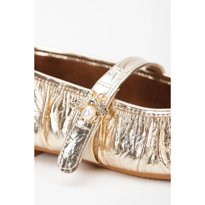 Altın Esnek Düz Tabanlı Büzgülü Babet