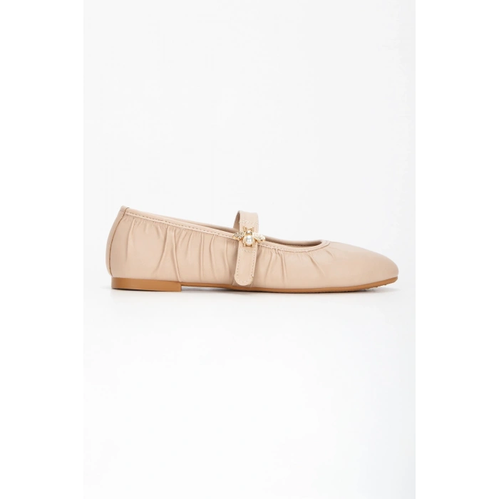 Bej Esnek Düz Tabanlı Büzgülü Babet