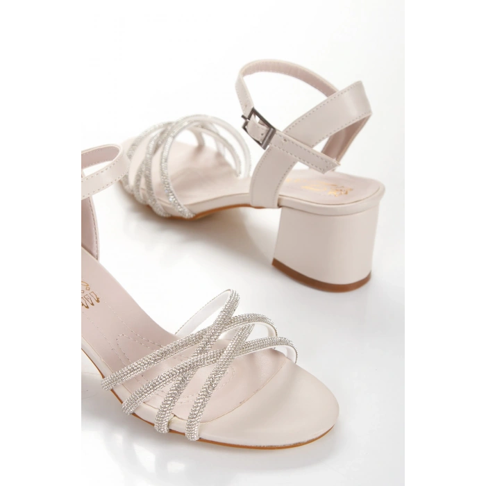 Bej Kısa Kalın Topuklu Taşlı Abiye Ayakkabı