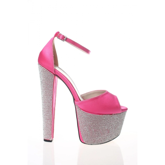 Fuşya Arkası Kapalı Burnu Açık Yüksek Platformlu Taşlı Abiye Ayakkabı
