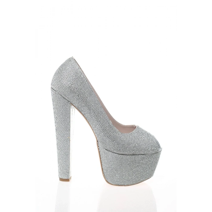 Gümüş Yüksek Topuklu Platform Topuklu Burnu Açık Abiye Ayakkabı