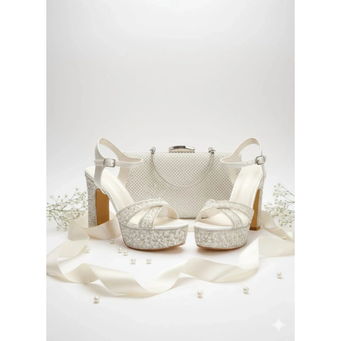 İncili Taş İşlemeli Platform Topuklu Gelinlik Abiye Ayakkabı ve Çanta Takımı