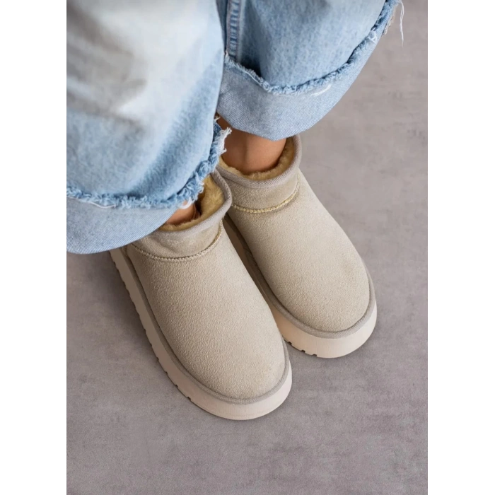 Kadın 4 cm Kalın Tabanlı İçi Kürklü Bot Bej