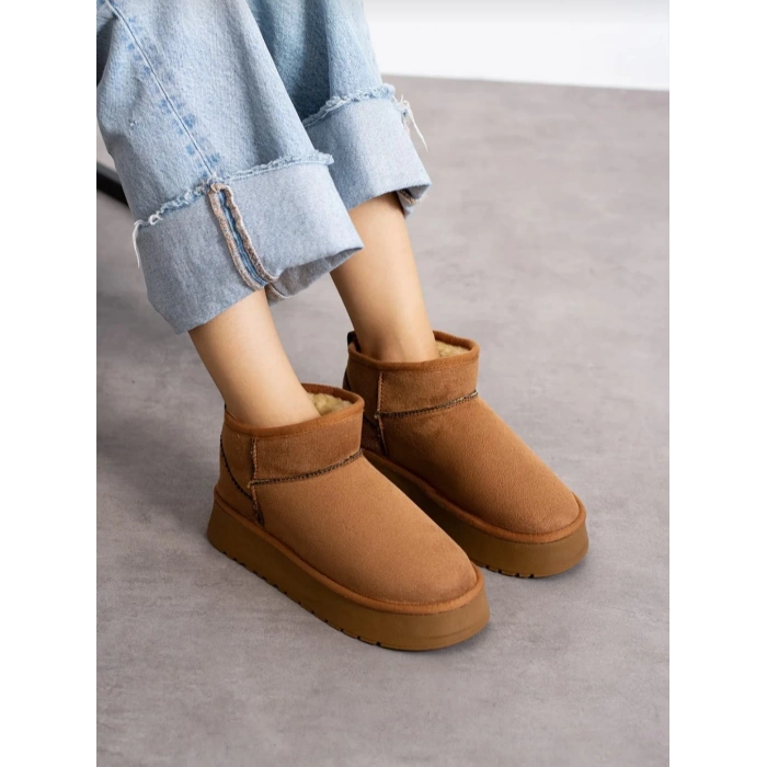 Kadın 4 cm Kalın Tabanlı İçi Kürklü Bot Kahverengi