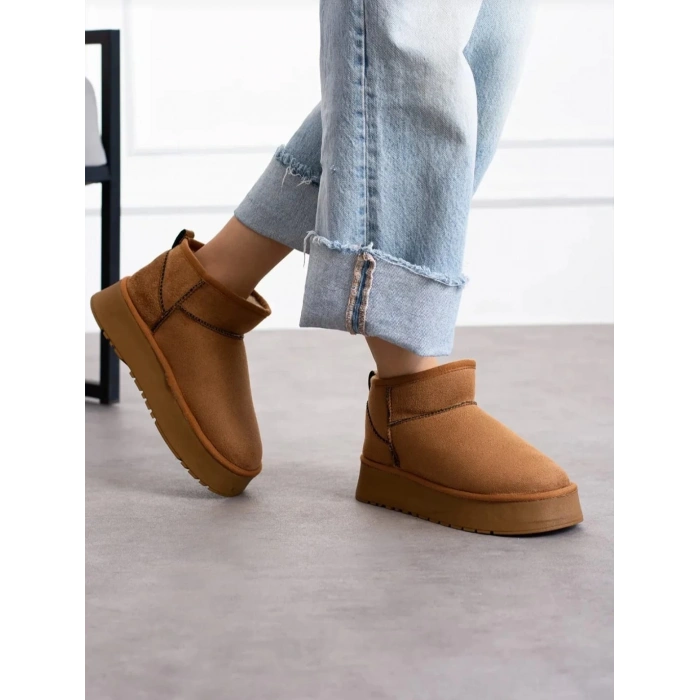 Kadın 4 cm Kalın Tabanlı İçi Kürklü Bot Kahverengi