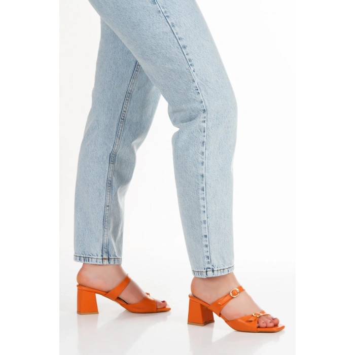 Kadın 5 cm Kalın Topuklu Terlik Turuncu