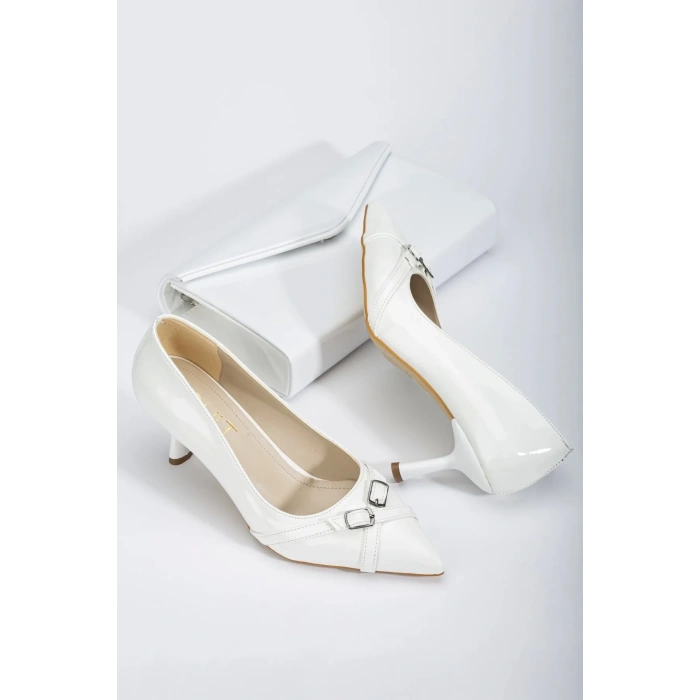 Kadın 7 cm Stiletto ve Çanta Takımı Beyaz Rugan