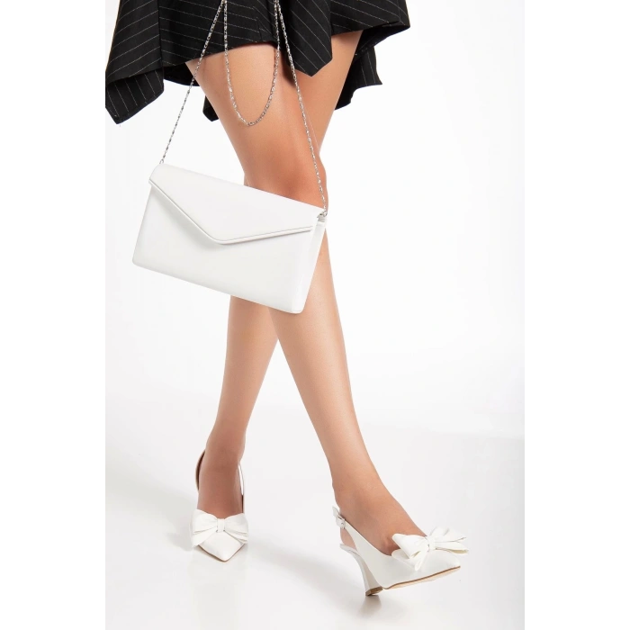 Kadın 7 cm Topuklu Papyonlu Yazlık Ayakkabı ve Çanta Takımı Beyaz