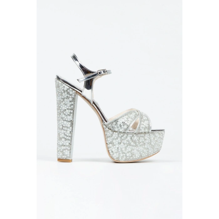 Kadın Arkası Açık Yüksek Platformlu Abiye Ayakkabı Gümüş