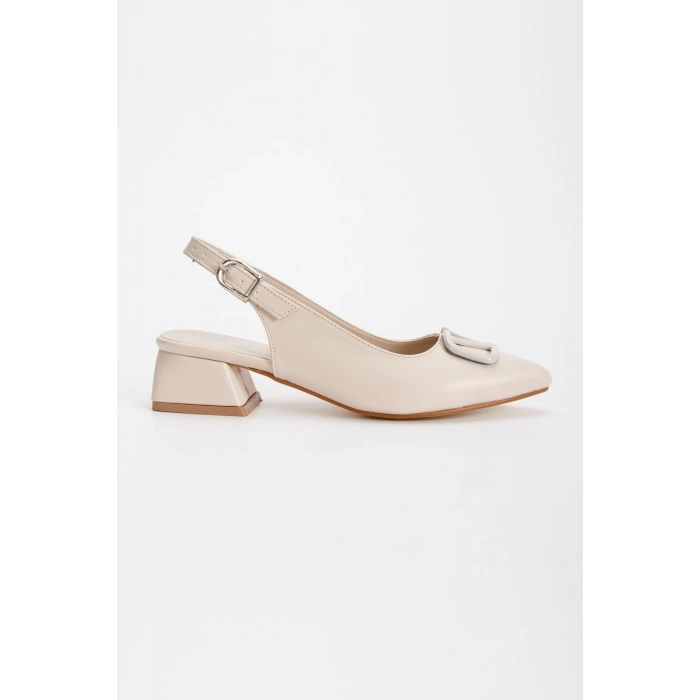 Kadın Bej Tokalı Kısa Kalın Topuk Sivri Burunlu Ayakkabı ve Çanta Takımı