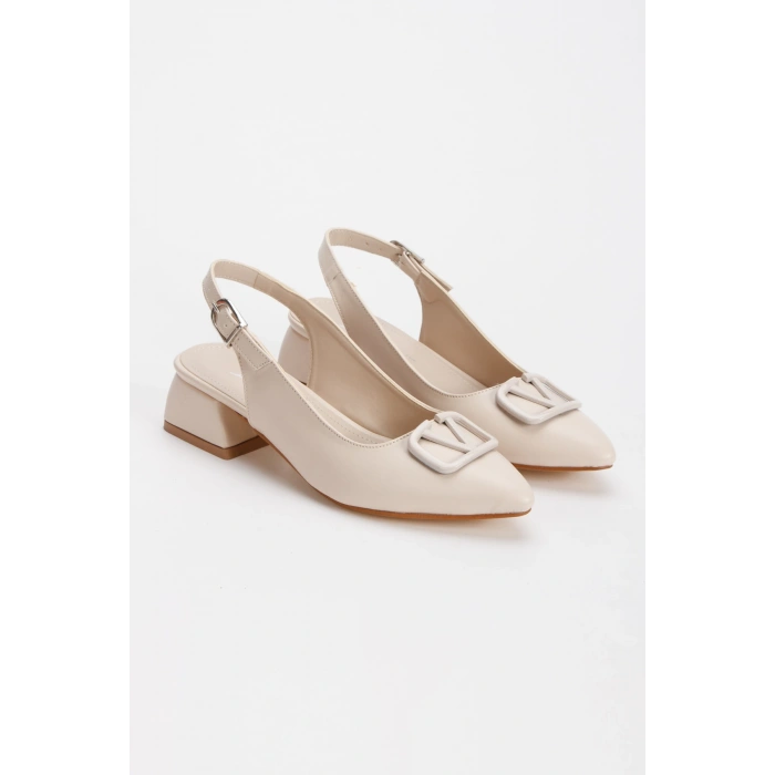 Kadın Bej Tokalı Kısa Kalın Topuk Sivri Burunlu Ayakkabı ve Çanta Takımı