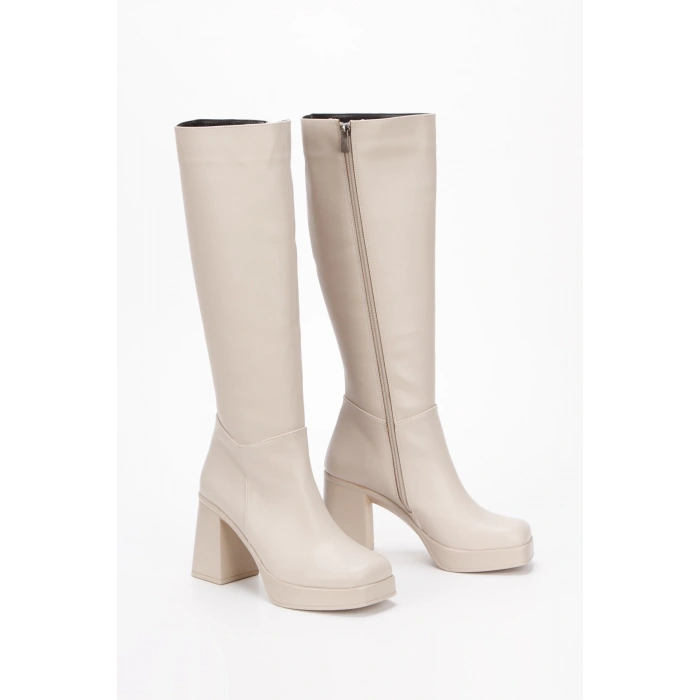Kadın Bej Yüksek Topuklu Dekolte Çizme