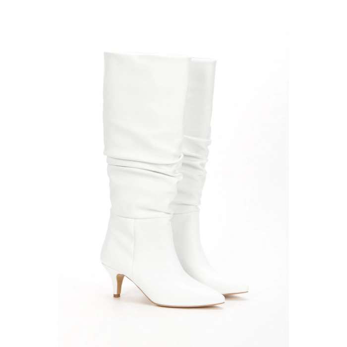 Kadın Beyaz Büzgü Detaylı İnce Topuklu Dizaltı Çizme