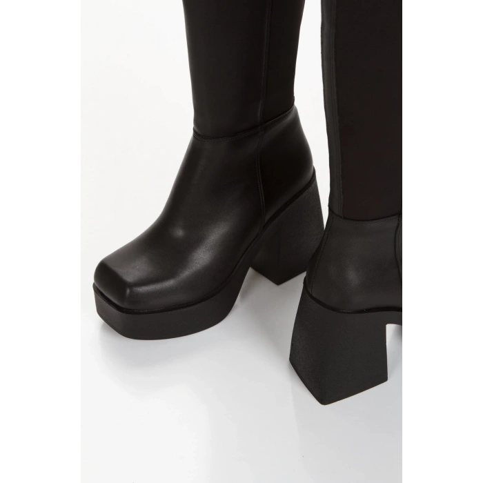 Kadın Siyah Platform Topuklu Dalgıç Kumaşlı Çizme