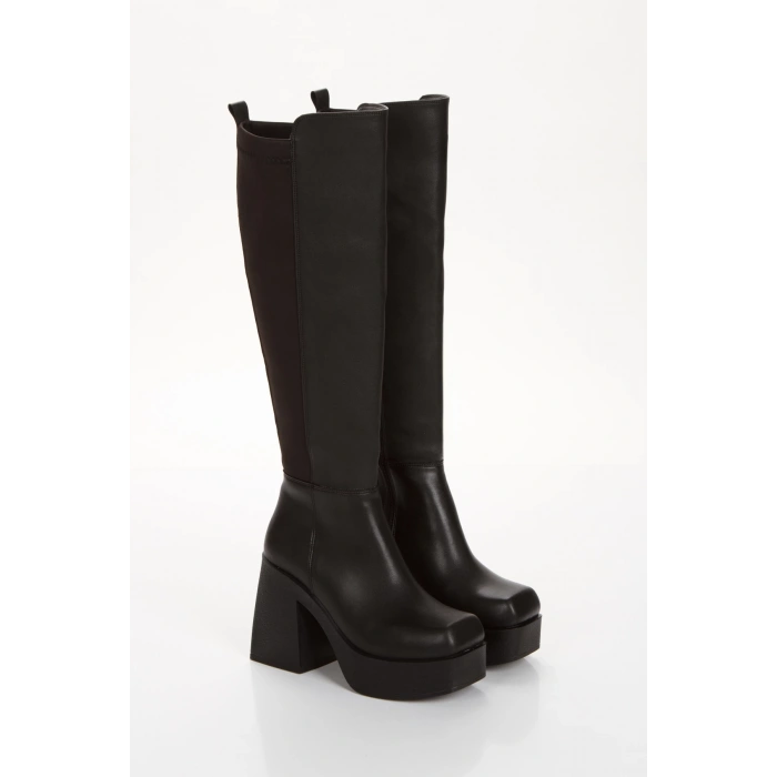 Kadın Siyah Platform Topuklu Dalgıç Kumaşlı Çizme