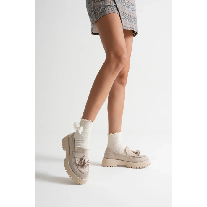 Kadın Günlük Rahat Püsküllü Loafer Bej Süet