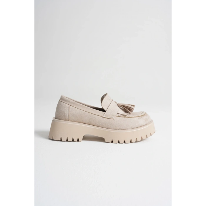 Kadın Günlük Rahat Püsküllü Loafer Bej Süet