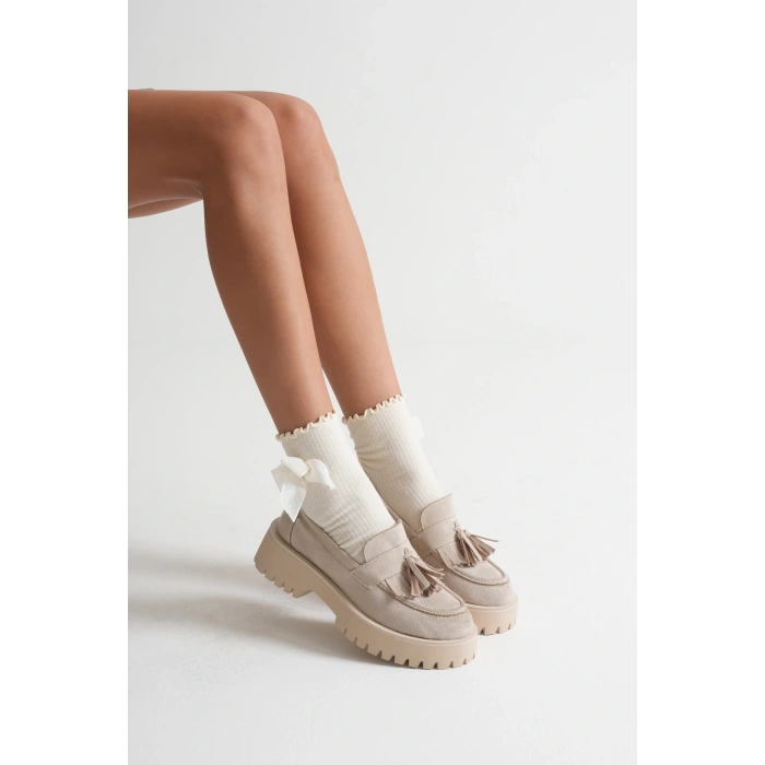 Kadın Günlük Rahat Püsküllü Loafer Bej Süet