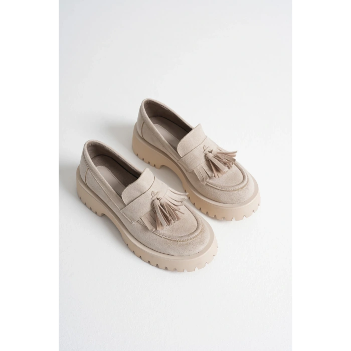 Kadın Günlük Rahat Püsküllü Loafer Bej Süet