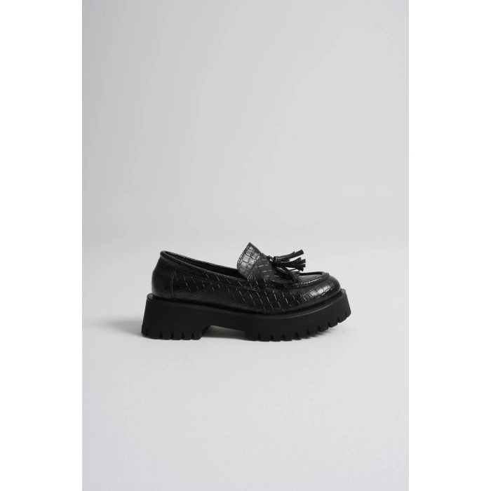 Kadın Günlük Rahat Püsküllü Loafer Siyah Kroko
