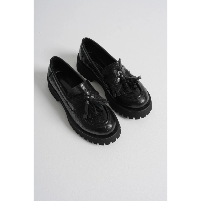 Kadın Günlük Rahat Püsküllü Loafer Siyah Kroko