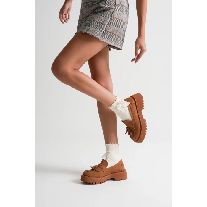 Kadın Günlük Rahat Püsküllü Loafer Taba Süet