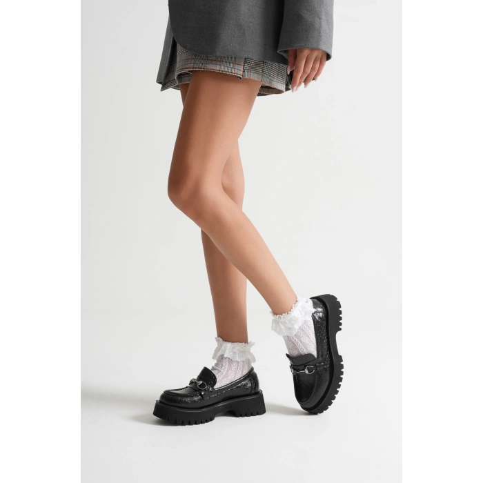 Kadın Günlük Rahat Tokalı Loafer Siyah Kroko