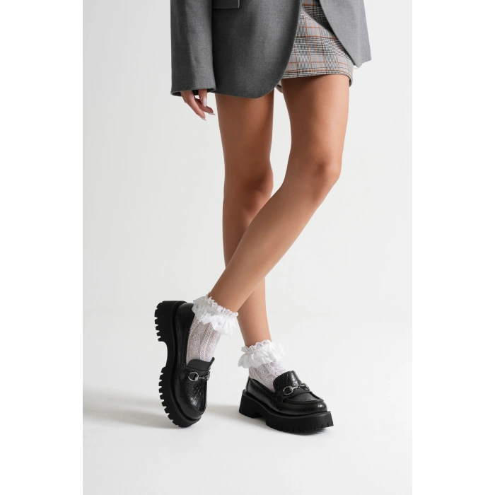 Kadın Günlük Rahat Tokalı Loafer Siyah Kroko