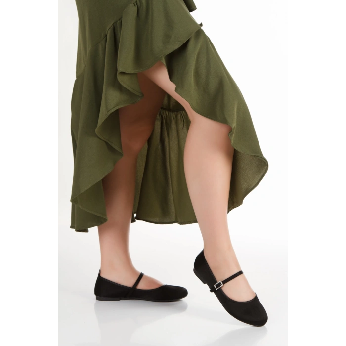 Kadın Hafif Günlük Kemerli Rahat Babet Siyah Saten