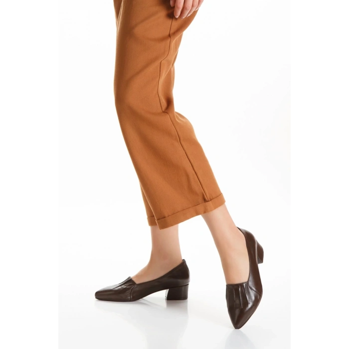 Kadın Hakiki Deri Özel Üretim Kalın Topuklu Ayakkabı Kahverengi