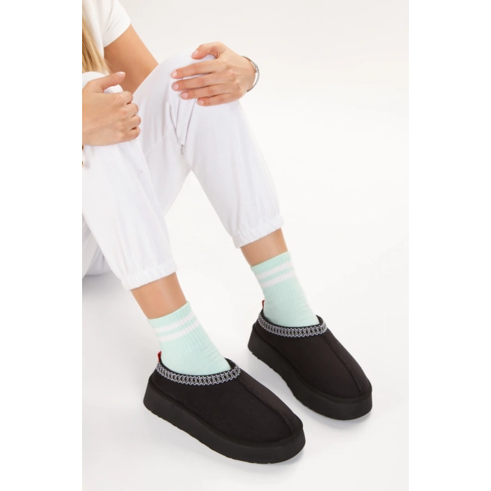 Kadın İçi Tüylü Düz Tabanlı Kadın Ayakkabısı Siyah Süet