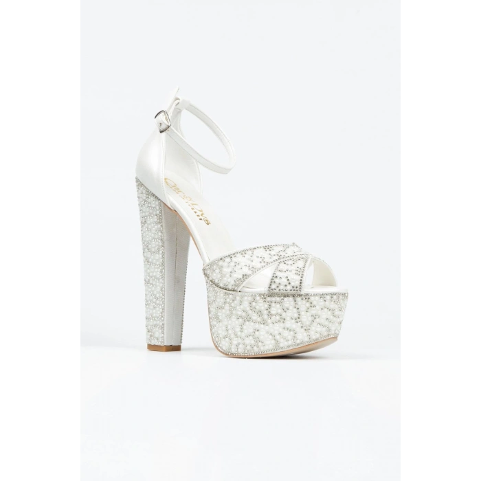 Kadın İnci Taşlı Arkası Kapalı Yüksek Platformlu Abiye Ayakkabı Sedef