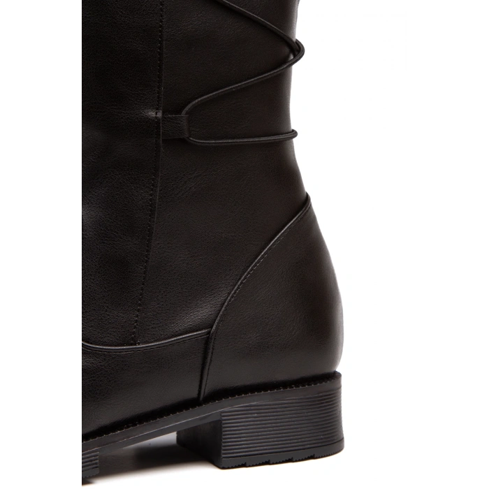 Kadın İpli Siyah Cilt Dizaltı Kısa Tabanlı Çizme