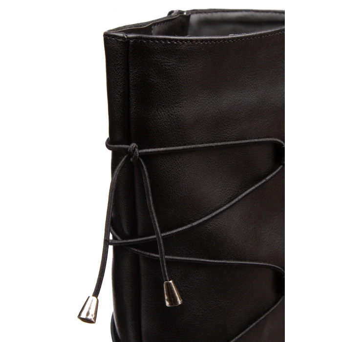 Kadın İpli Siyah Cilt Dizaltı Kısa Tabanlı Çizme