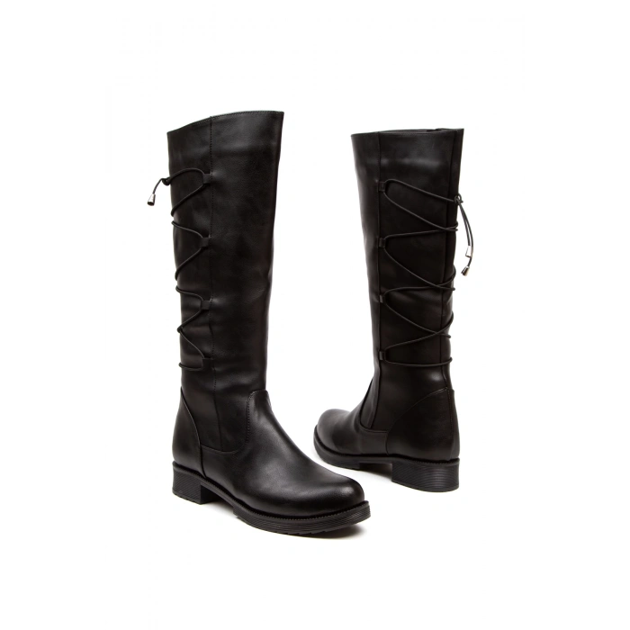 Kadın İpli Siyah Cilt Dizaltı Kısa Tabanlı Çizme