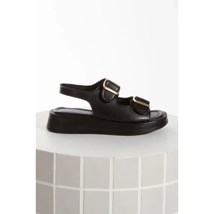 Kadın Kalın Tabanlı Çift Tokalı Sandalet Siyah