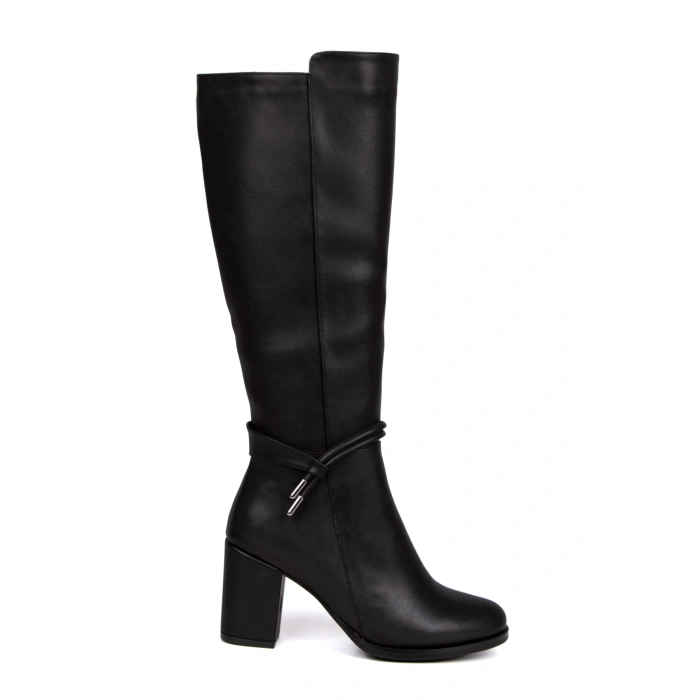 Kadın Kalın Topuklu Siyah Suni Deri Biyeli Çizme