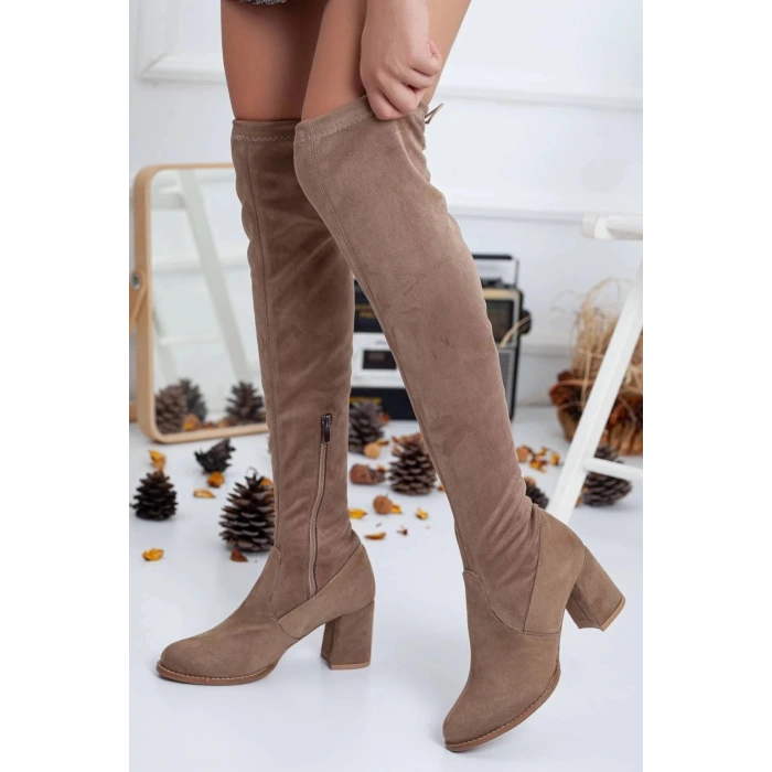 Kadın Kalın Topuklu Streç Çizme Vizon