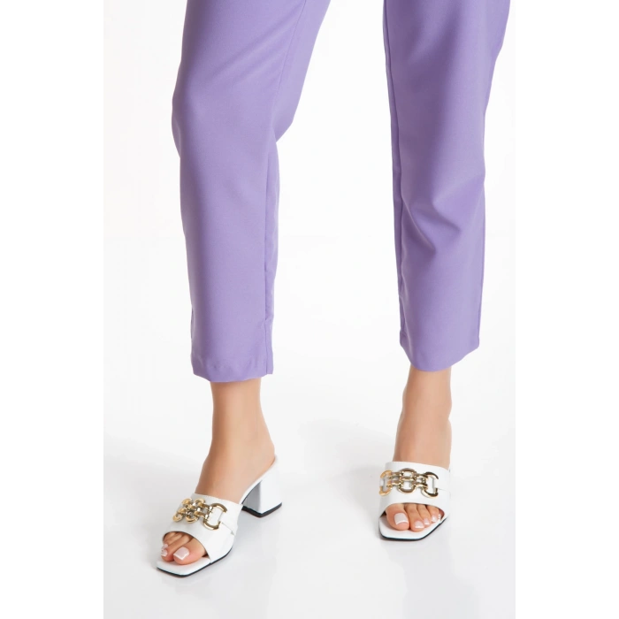 Kadın Kalın Topuklu Tokalı Terlik Beyaz