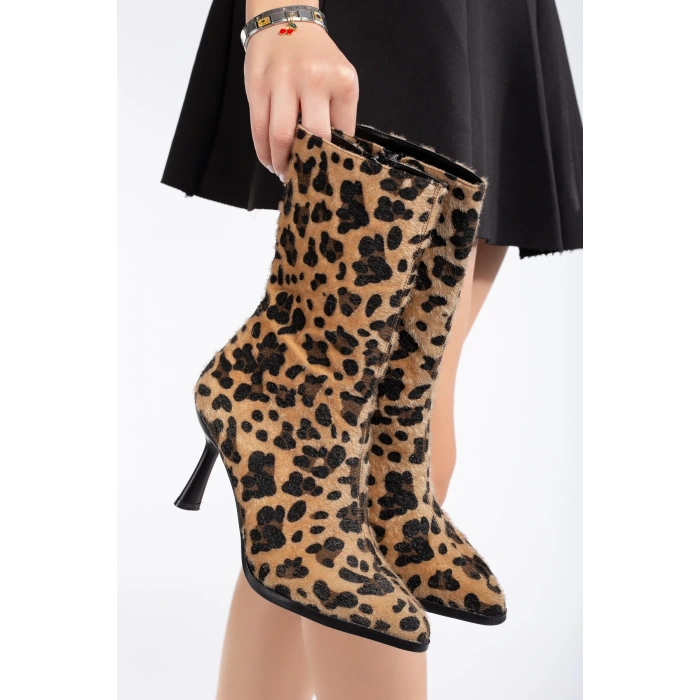 Kadın Leopar İnce Topuklu Streç Bot ve Çanta Takımı