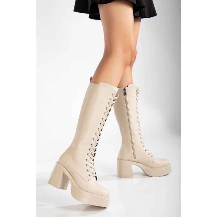 Kadın Platform Topuklu Bağcıklı Çizme Bej