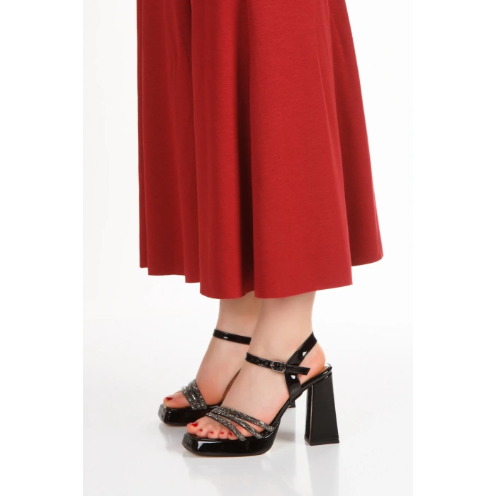 Kadın Platformlu 3 Sıra Taşlı Abiye Ayakkabı Siyah